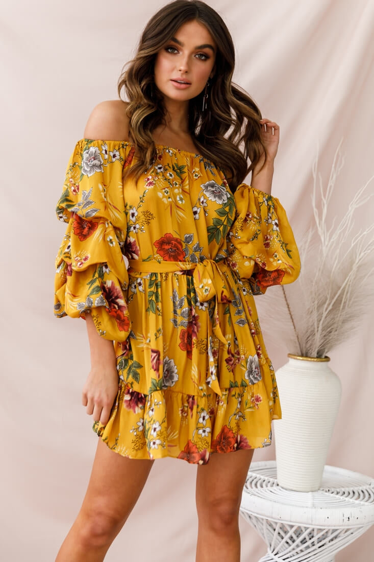 Frida Off-Shoulder Waist Tie Dress Yellow by Selfie Leslie