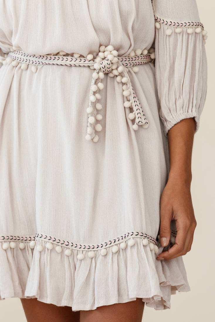 Marionette Three-Quarter Sleeve Pom-Pom Dress Beige by Selfie Leslie