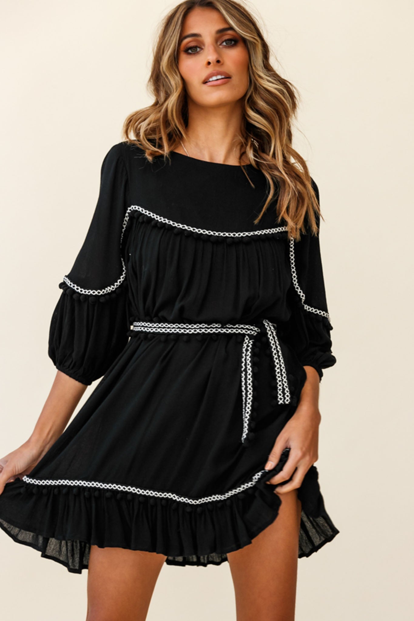 Marionette Three-Quarter Sleeve Pom-Pom Dress Black by Selfie Leslie