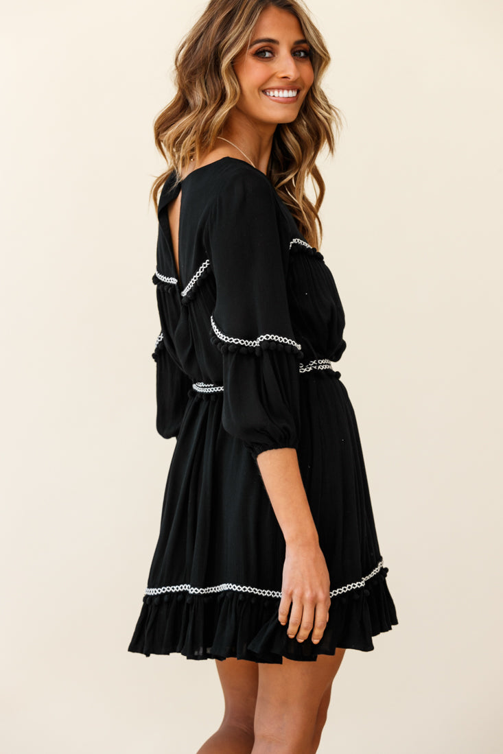 Marionette Three-Quarter Sleeve Pom-Pom Dress Black by Selfie Leslie