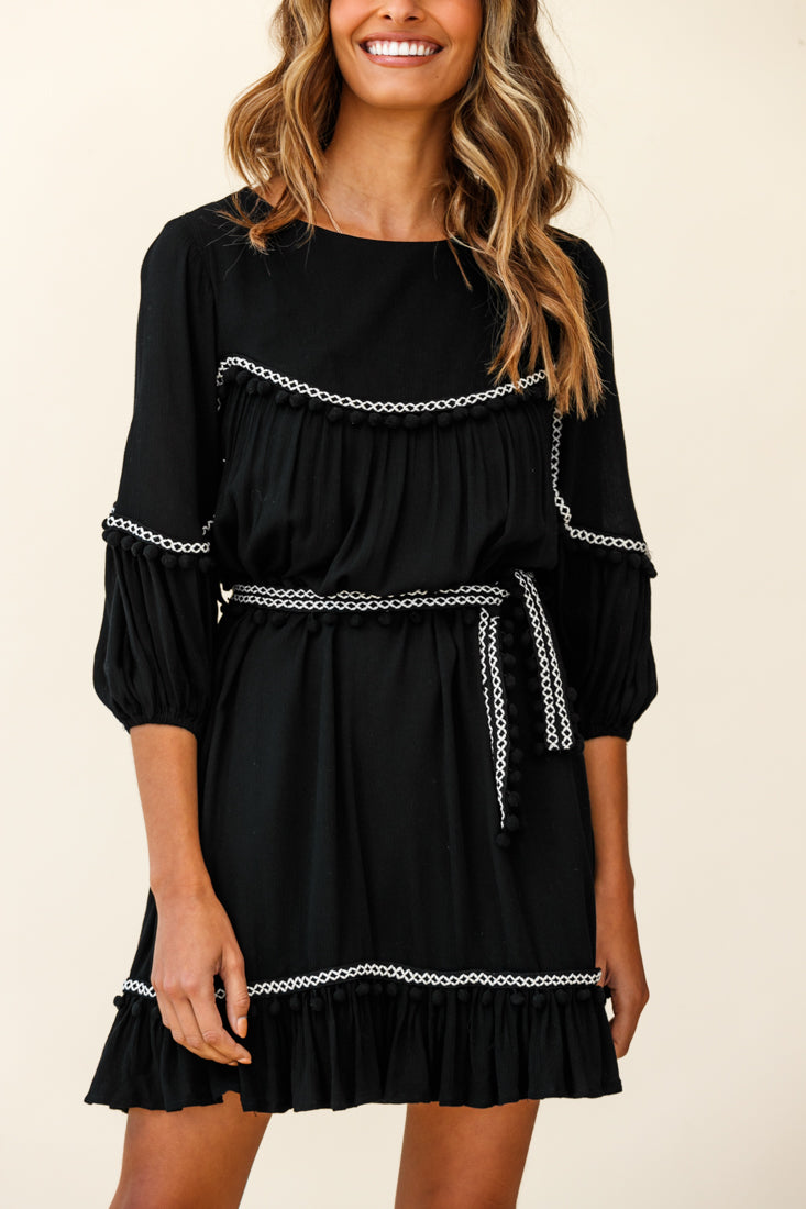 Marionette Three-Quarter Sleeve Pom-Pom Dress Black by Selfie Leslie