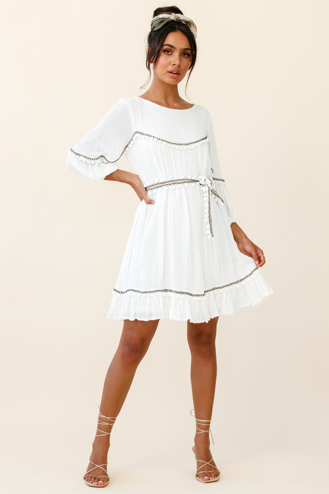 Marionette Three-Quarter Sleeve Pom-Pom Dress White by Selfie Leslie