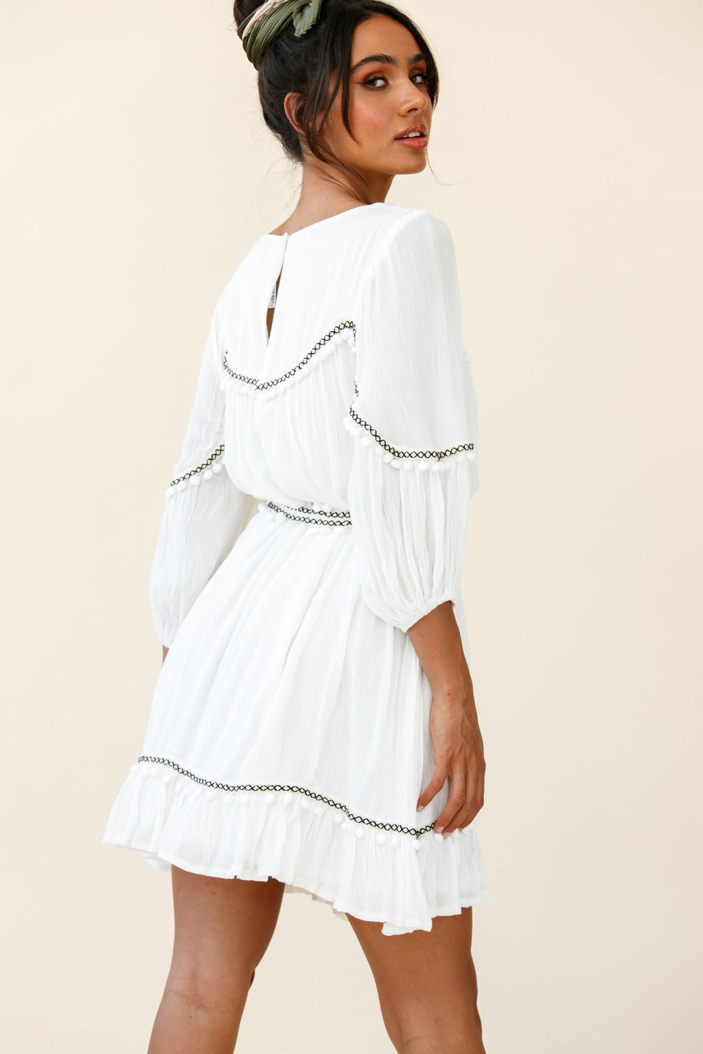 Marionette Three-Quarter Sleeve Pom-Pom Dress White by Selfie Leslie