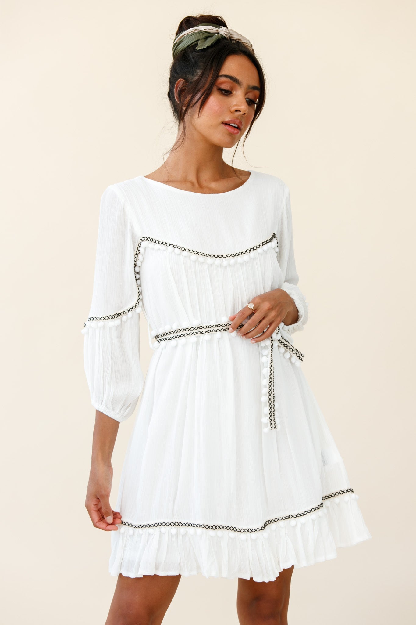 Marionette Three-Quarter Sleeve Pom-Pom Dress White by Selfie Leslie