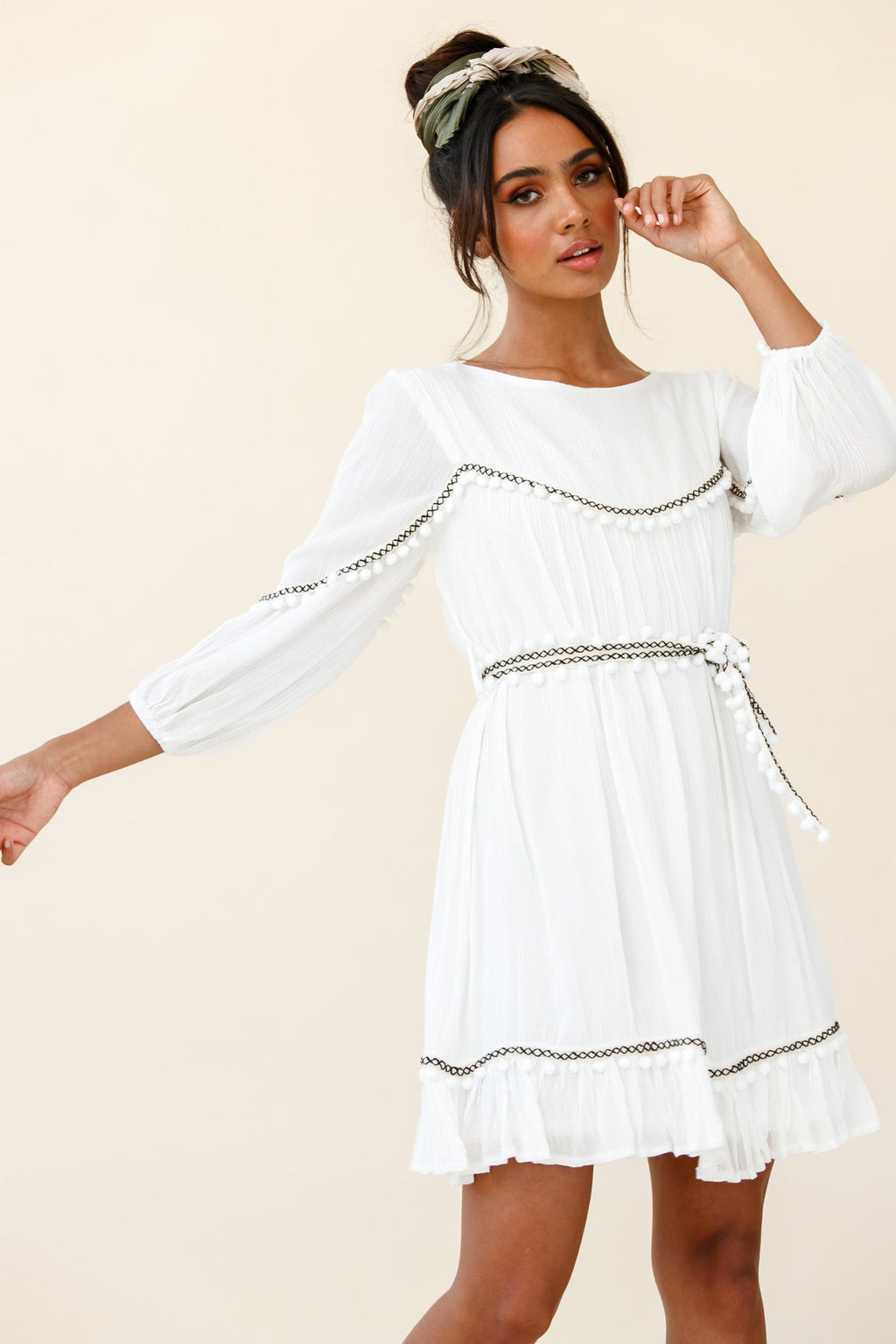 Marionette Three-Quarter Sleeve Pom-Pom Dress White by Selfie Leslie