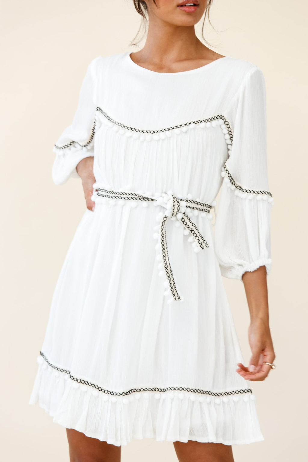 Marionette Three-Quarter Sleeve Pom-Pom Dress White by Selfie Leslie