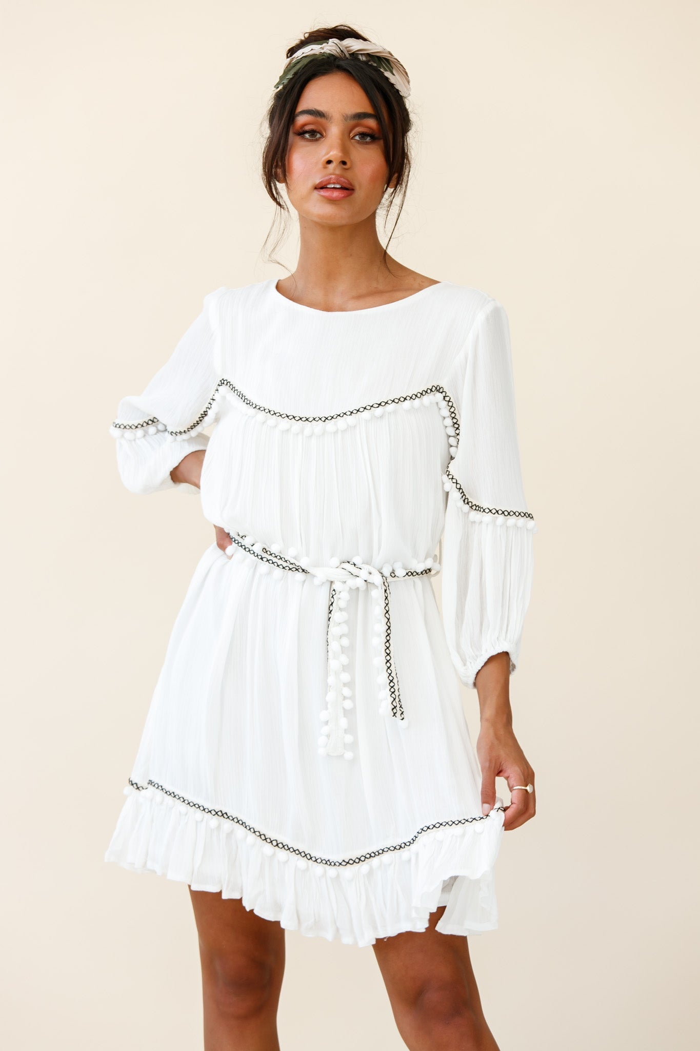Marionette Three-Quarter Sleeve Pom-Pom Dress White by Selfie Leslie