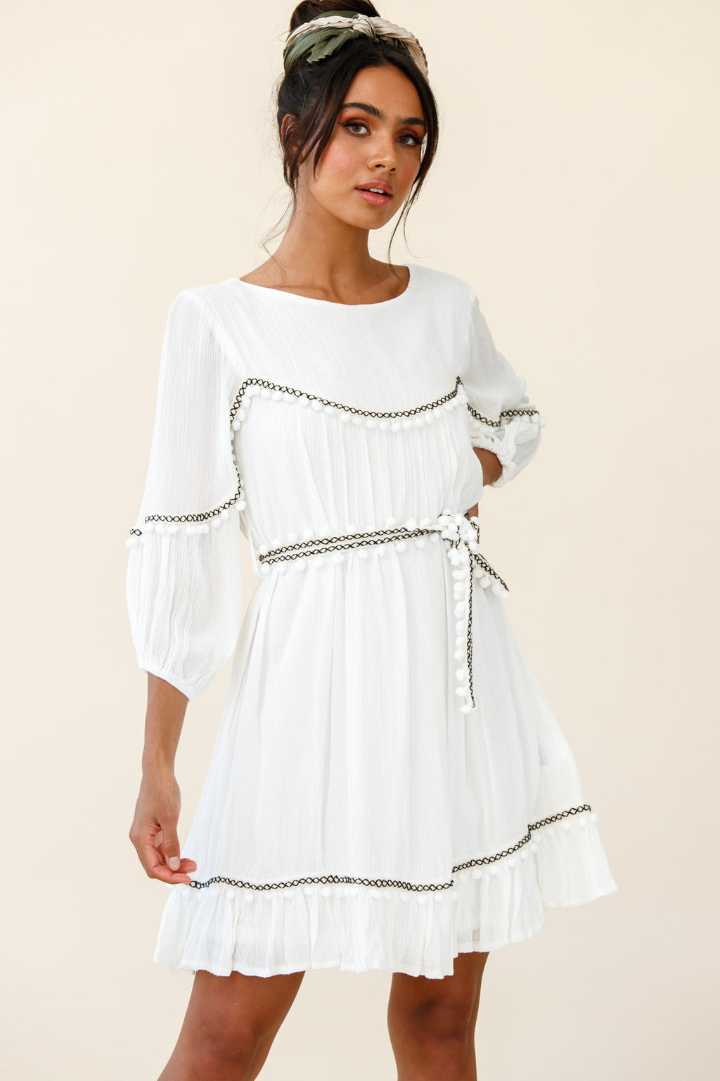 Marionette Three-Quarter Sleeve Pom-Pom Dress White by Selfie Leslie