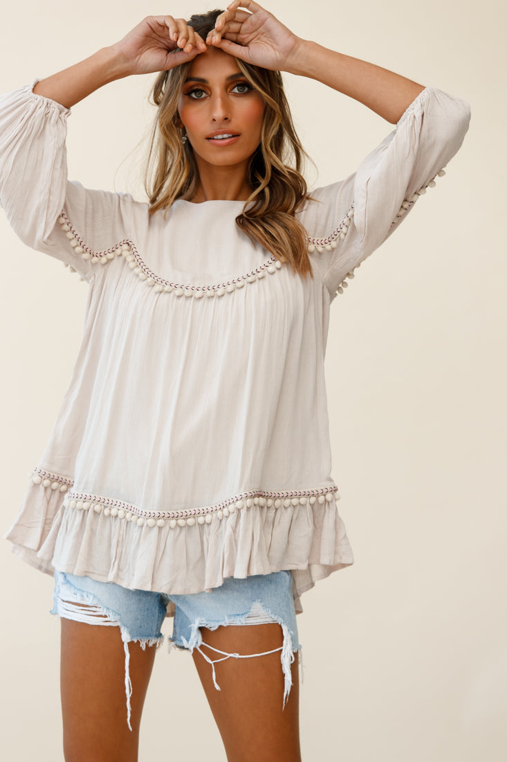 Marionette Three-Quarter Sleeve Pom-Pom Top Beige by Selfie Leslie