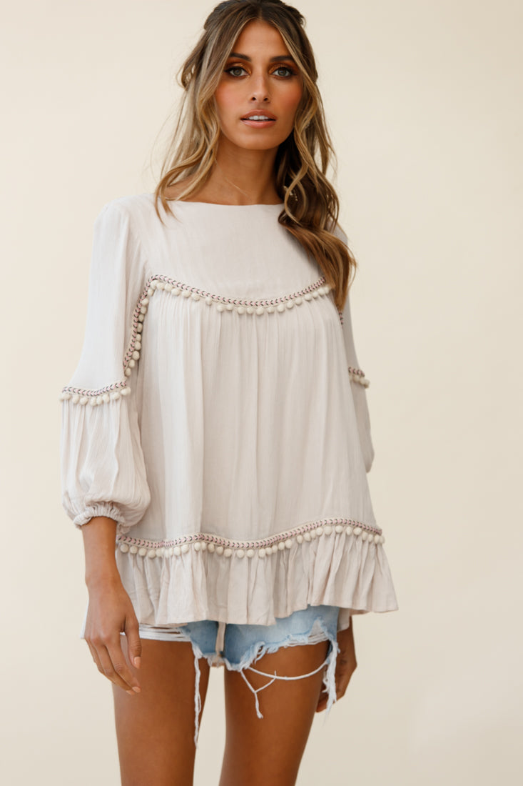 Marionette Three-Quarter Sleeve Pom-Pom Top Beige by Selfie Leslie