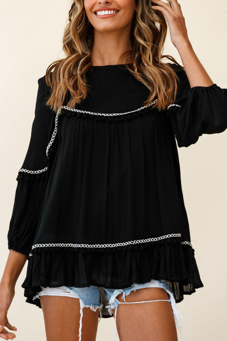 Marionette Three-Quarter Sleeve Pom-Pom Top Black by Selfie Leslie