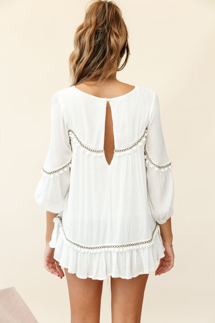Marionette Three-Quarter Sleeve Pom-Pom Top White by Selfie Leslie