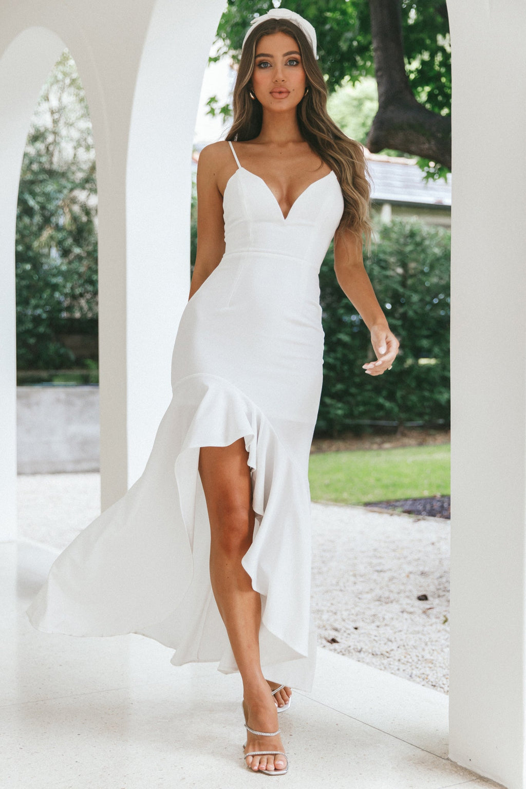 Darlene Front Split Flounce Hem Maxi Dress White by Selfie Leslie