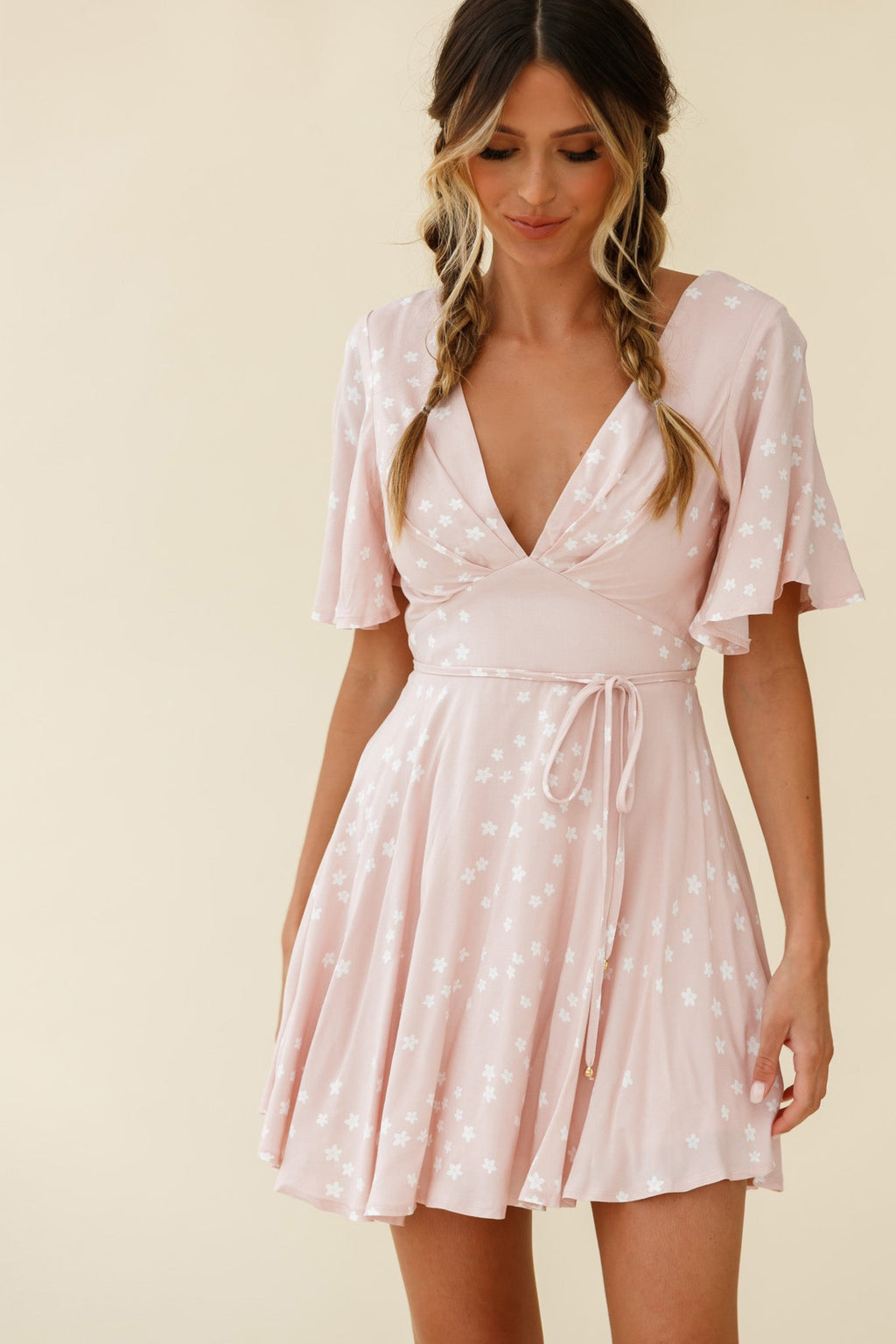 Dina V-Neckline Angel Sleeve Summer Dress Floral Print Pink by Selfie Leslie