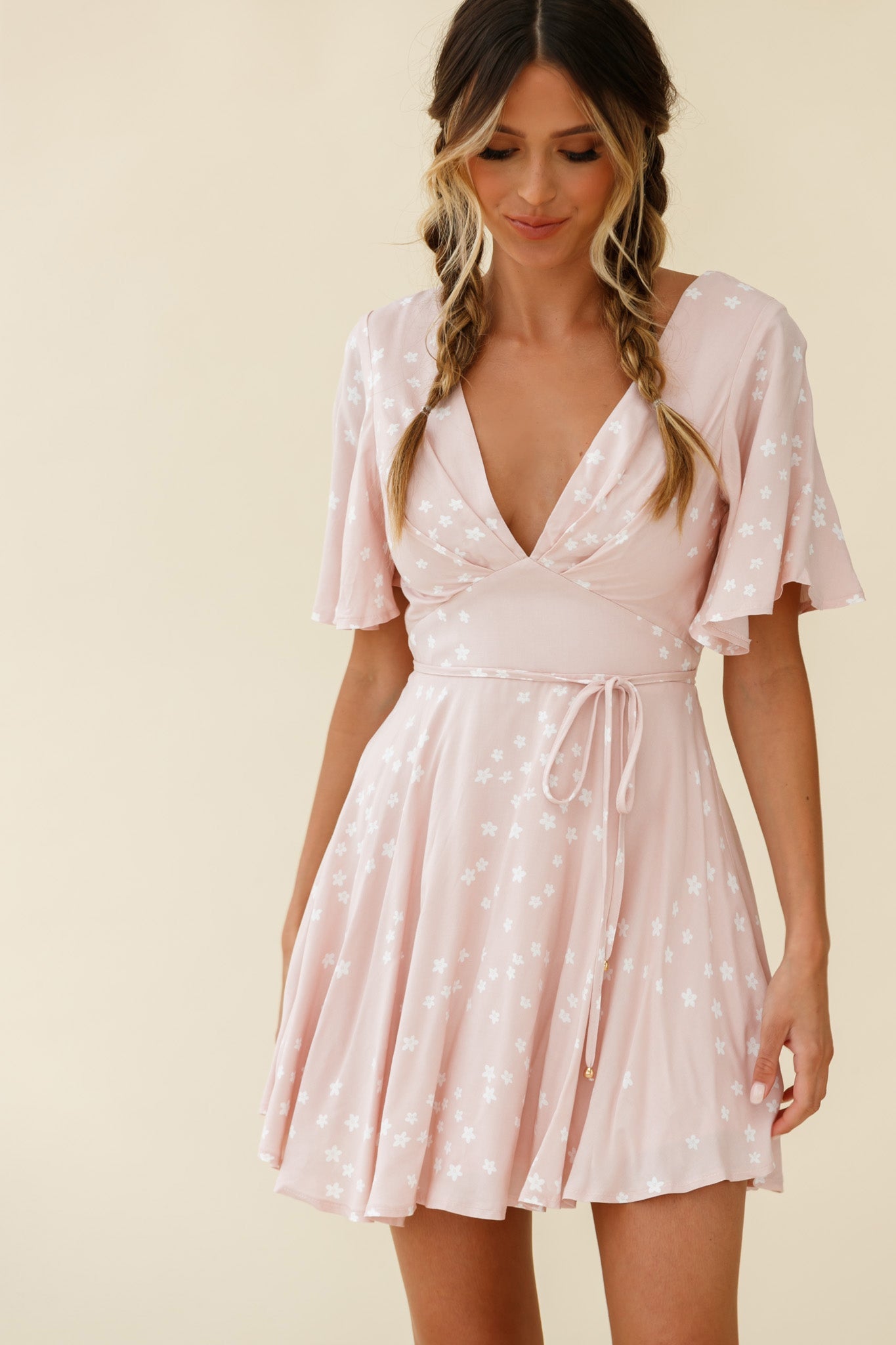 Dina V-Neckline Angel Sleeve Summer Dress Floral Print Pink by Selfie Leslie