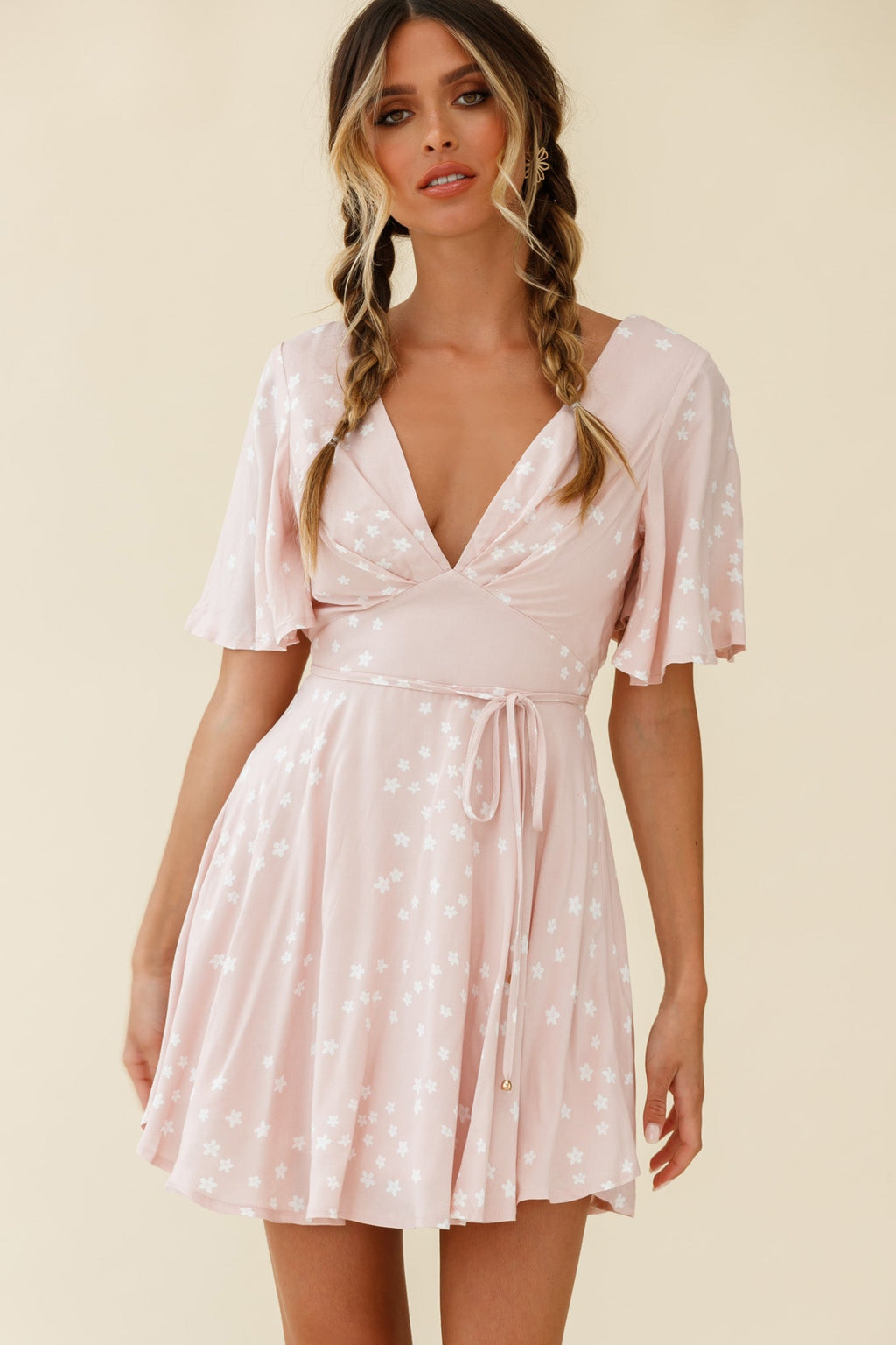 Dina V-Neckline Angel Sleeve Summer Dress Floral Print Pink by Selfie Leslie