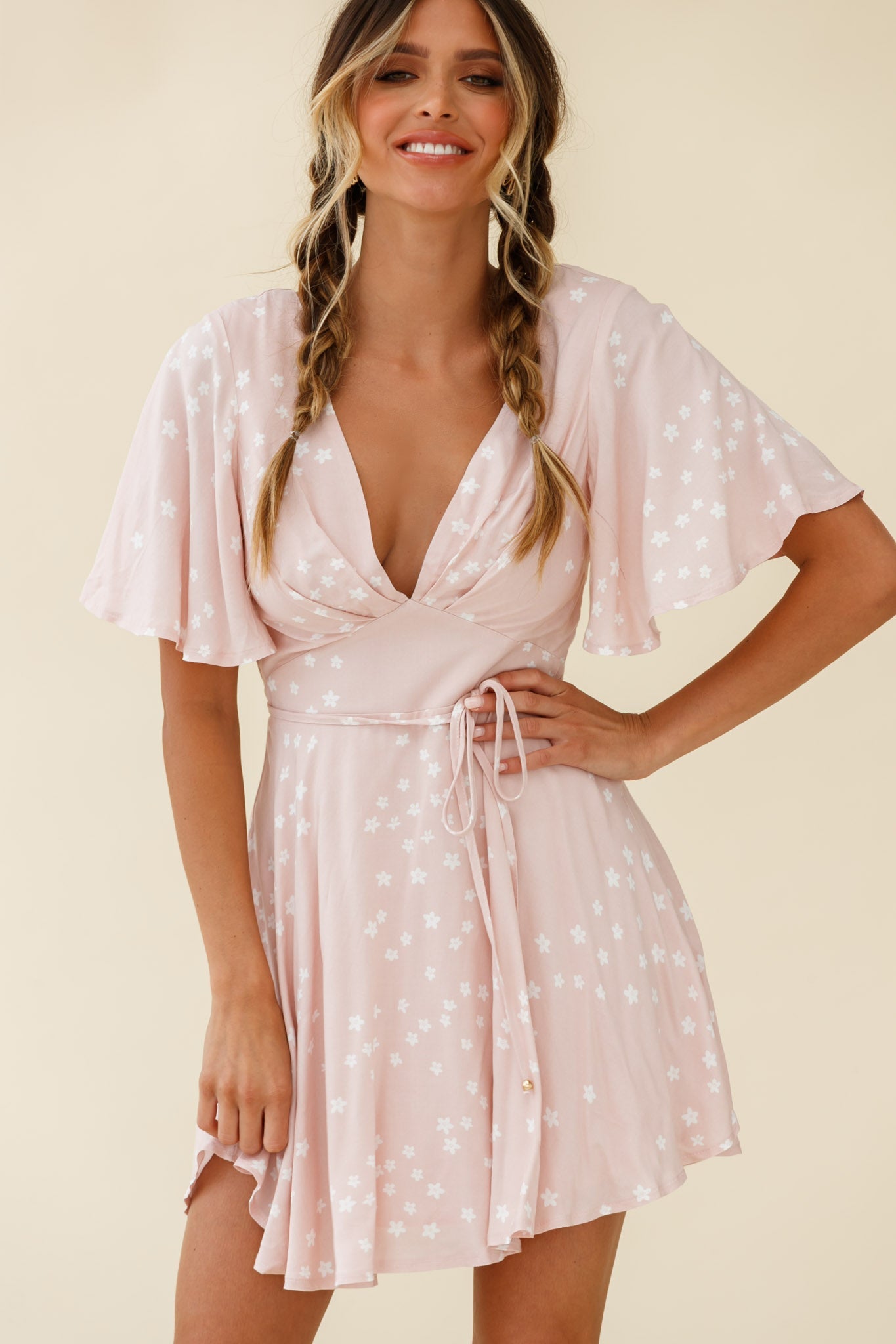 Dina V-Neckline Angel Sleeve Summer Dress Floral Print Pink by Selfie Leslie