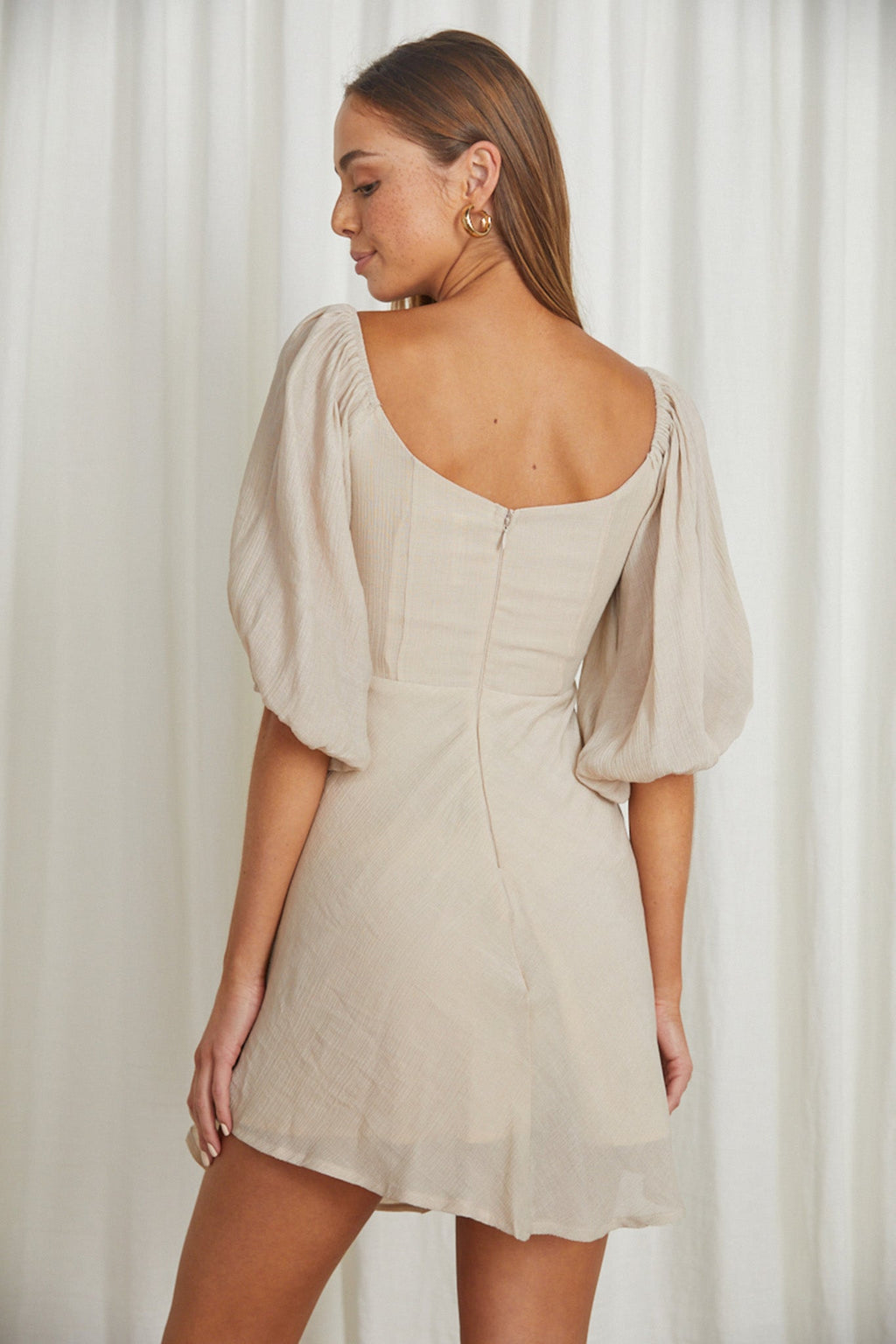 Avaline Drawstring Bust Mini Dress Beige by Selfie Leslie