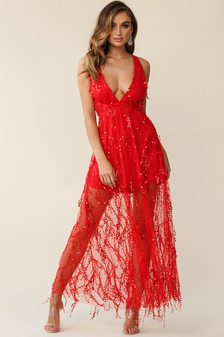 Tiara Sequin Maxi Dress Red by Selfie Leslie