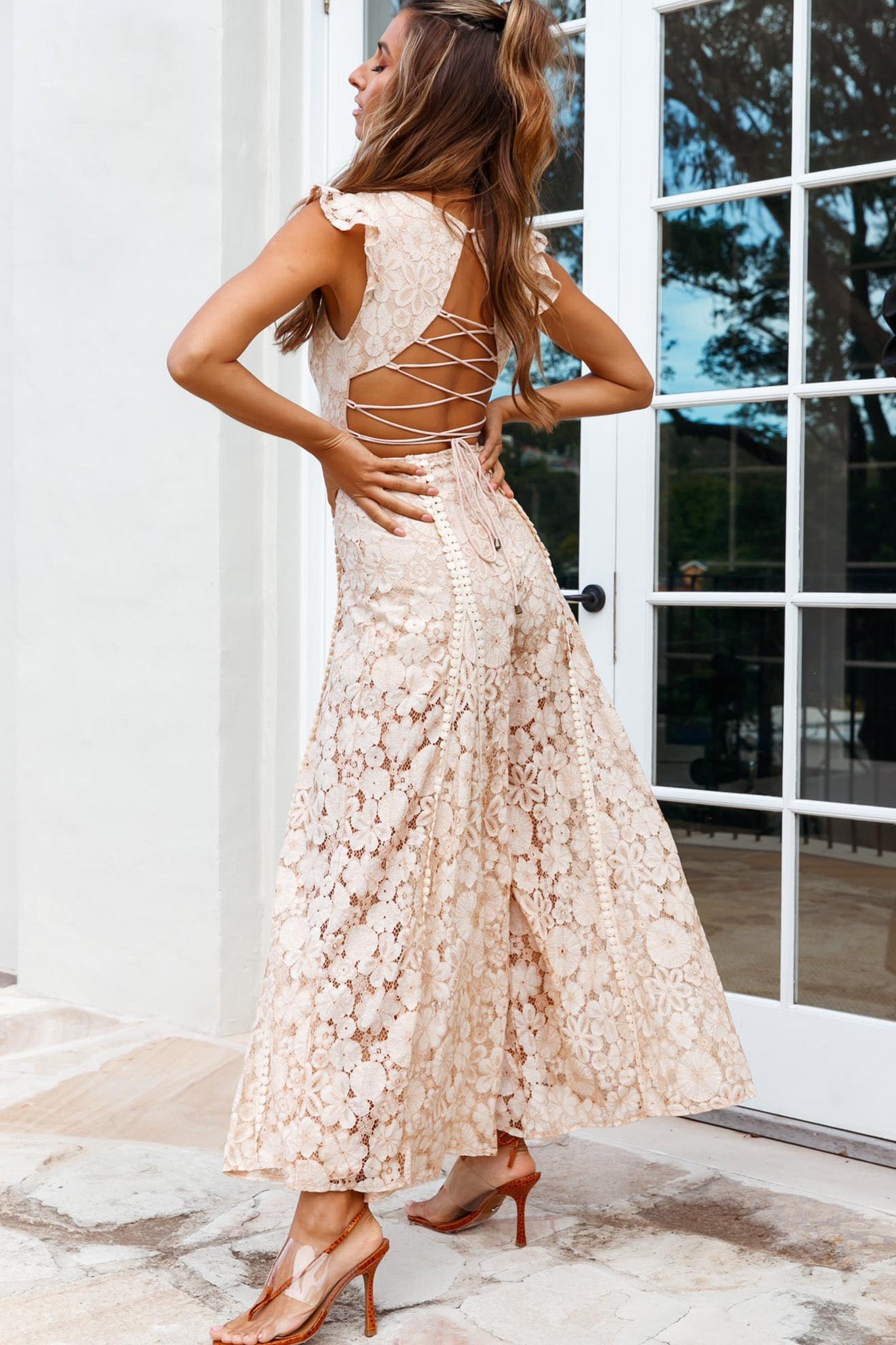 Take Note Laced-Back Frill Shoulder Lace Jumpsuit Nude by Selfie Leslie