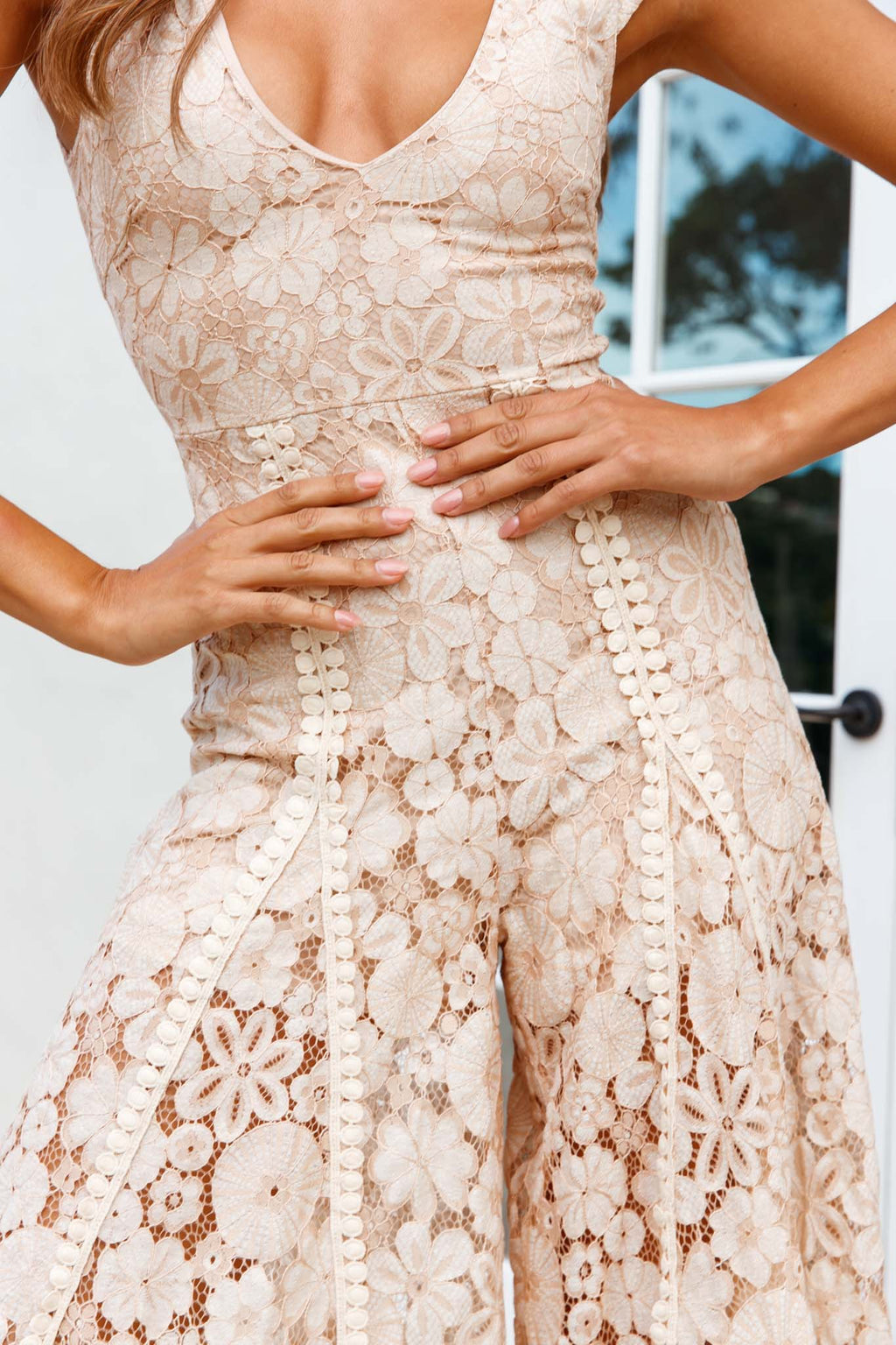 Take Note Laced-Back Frill Shoulder Lace Jumpsuit Nude by Selfie Leslie