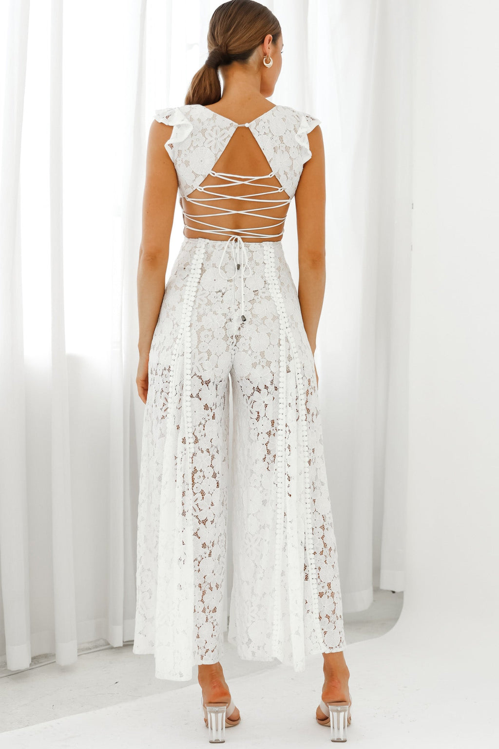 Take Note Laced-Back Frill Shoulder Lace Jumpsuit White by Selfie Leslie