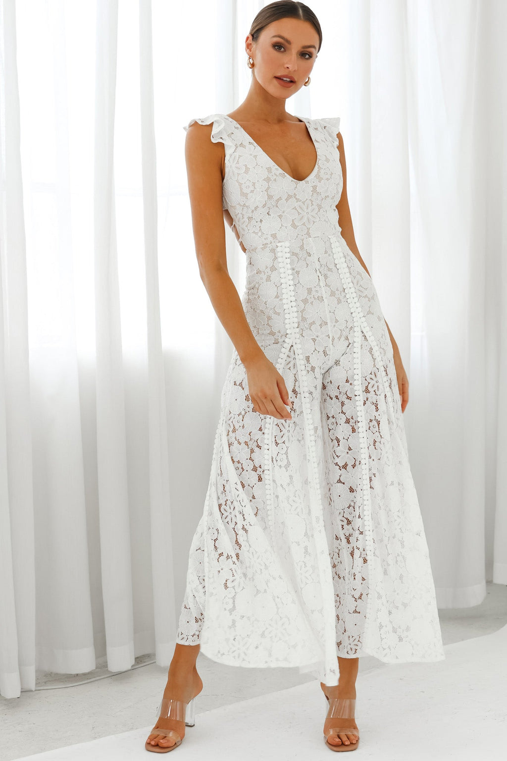 Take Note Laced-Back Frill Shoulder Lace Jumpsuit White by Selfie Leslie