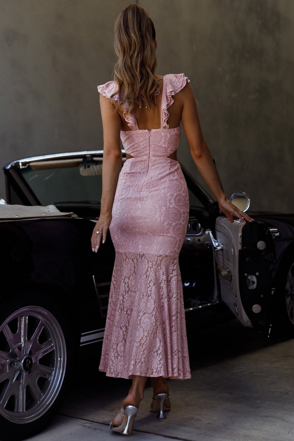 Pearl Ruffle Shoulder Lace Maxi Dress Pink by Selfie Leslie
