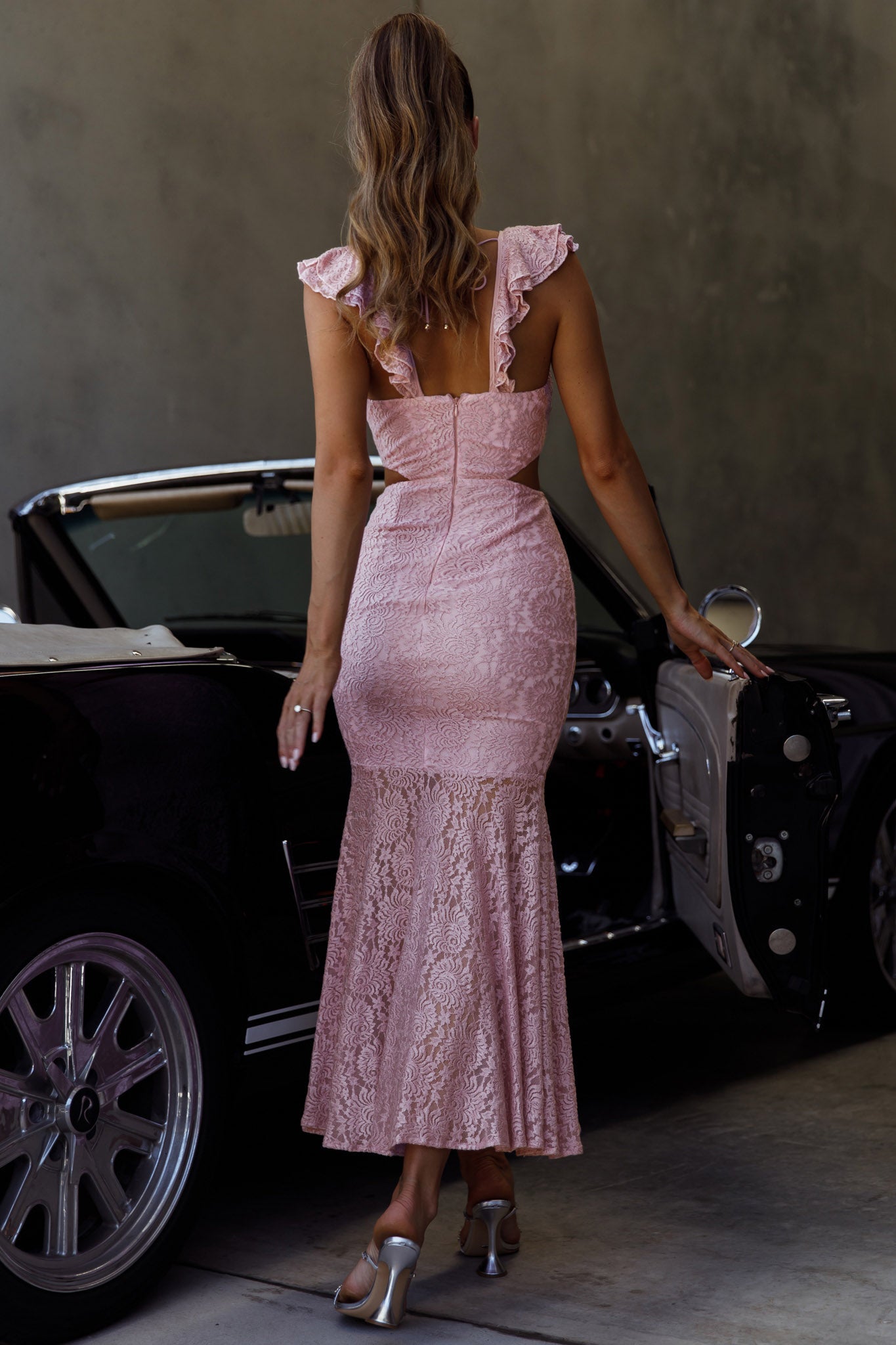 Pearl Ruffle Shoulder Lace Maxi Dress Pink by Selfie Leslie