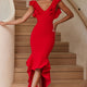 Pearl Ruffle Strap High-Low Hem Dress Red