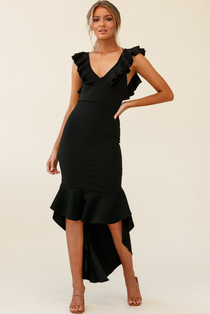 Pearl Ruffle Strap High-Low Hem Dress Black by Selfie Leslie