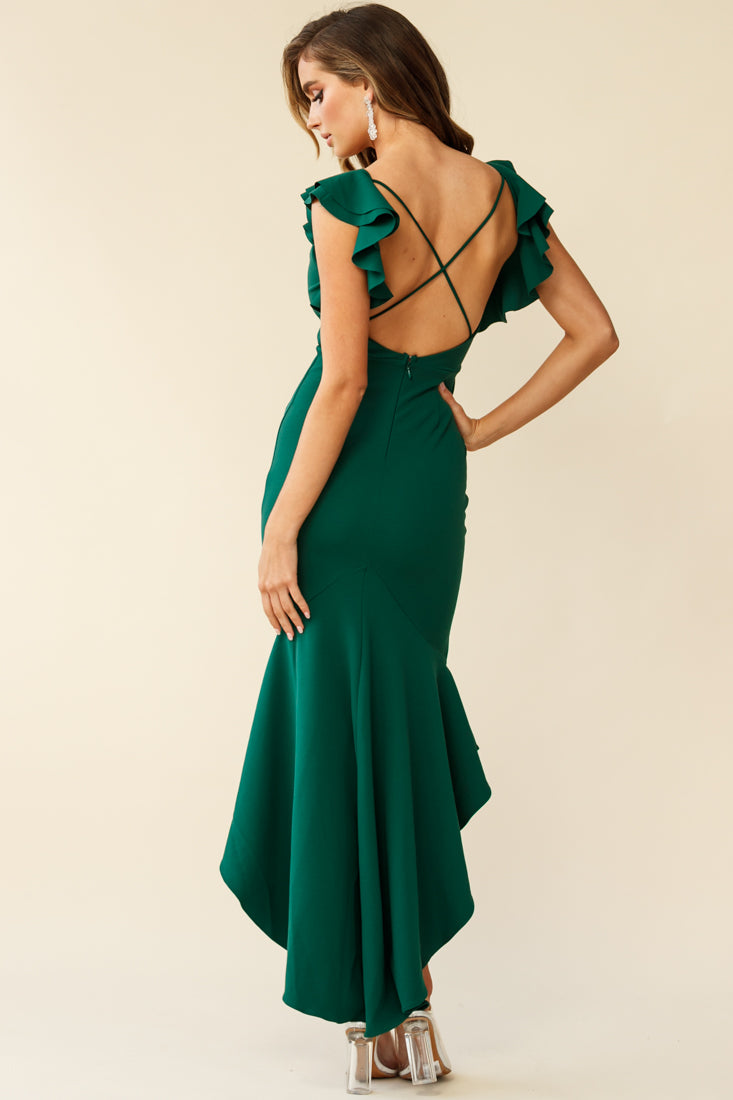 Pearl Ruffle Strap High-Low Hem Dress Forest Green by Selfie Leslie