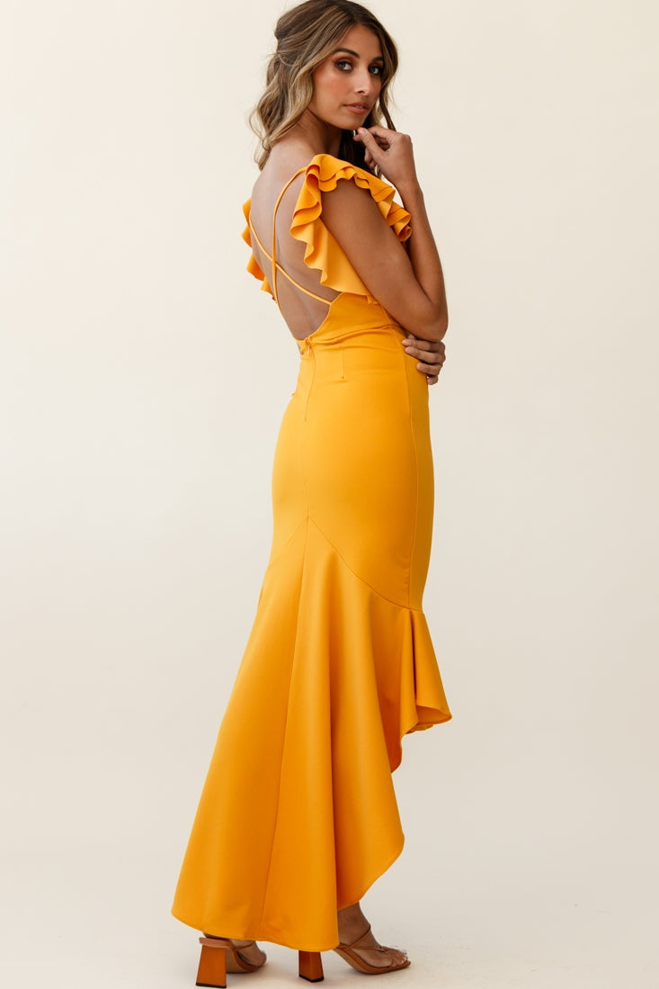 Pearl Ruffle Strap High-Low Hem Dress Mustard by Selfie Leslie