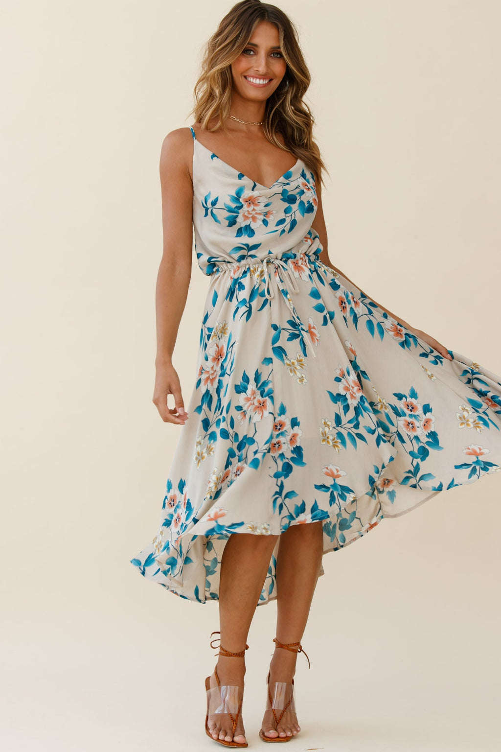 Ava Cowl Neck Drawstring Midi Dress Floral Print Mocha by Selfie Leslie