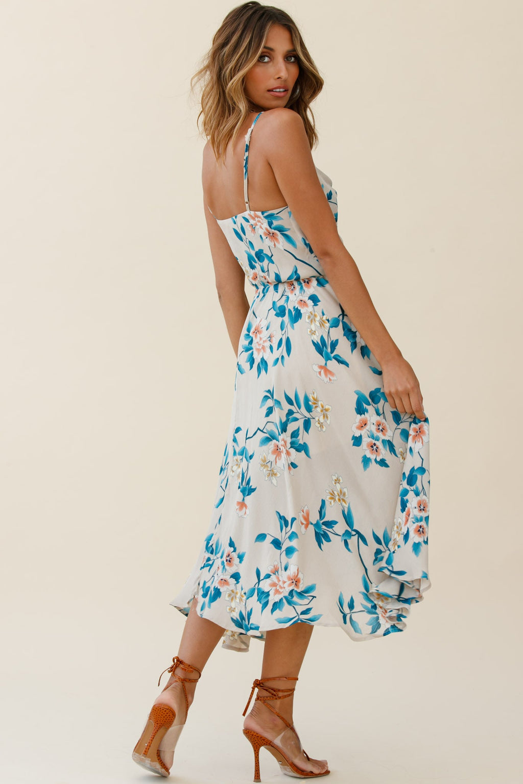 Ava Cowl Neck Drawstring Midi Dress Floral Print Mocha by Selfie Leslie