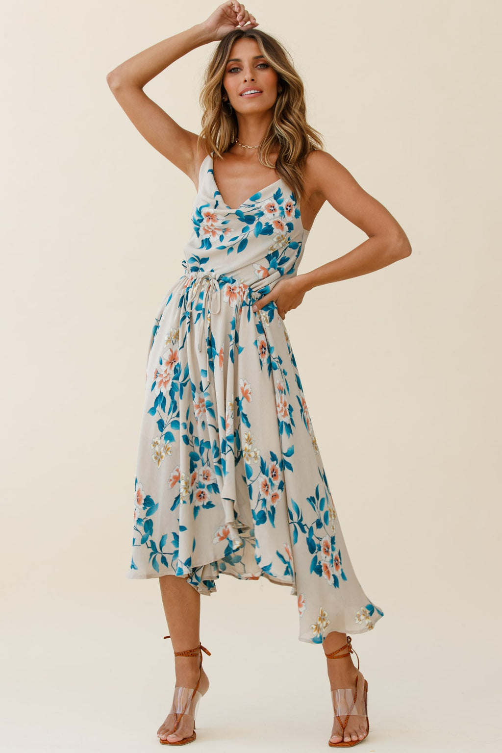 Ava Cowl Neck Drawstring Midi Dress Floral Print Mocha by Selfie Leslie