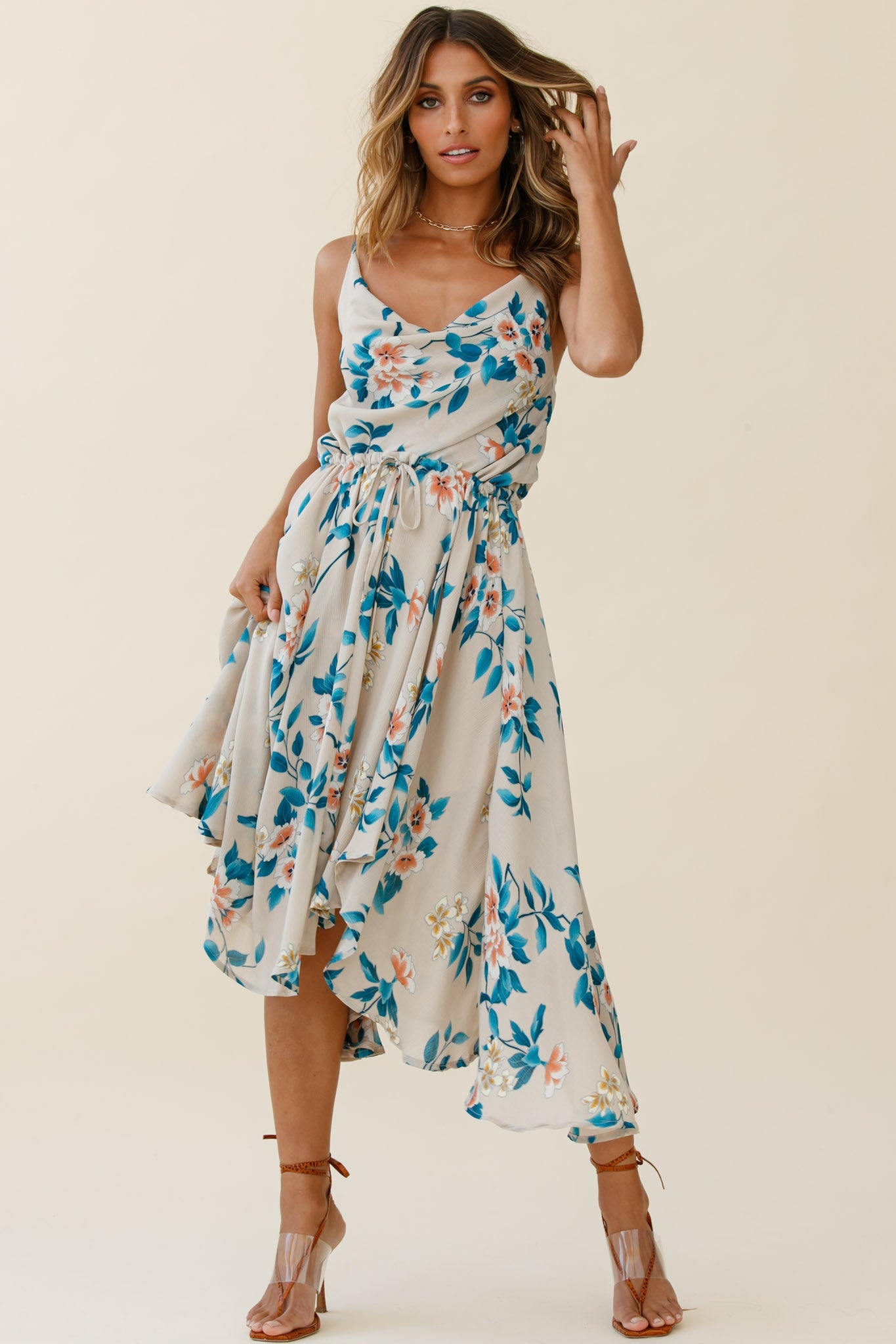 Ava Cowl Neck Drawstring Midi Dress Floral Print Mocha by Selfie Leslie