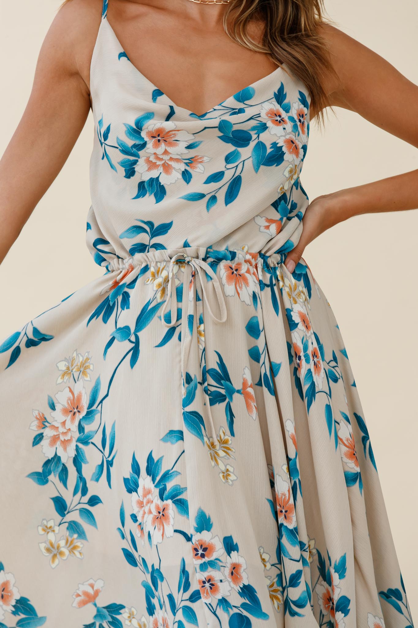 Ava Cowl Neck Drawstring Midi Dress Floral Print Mocha by Selfie Leslie