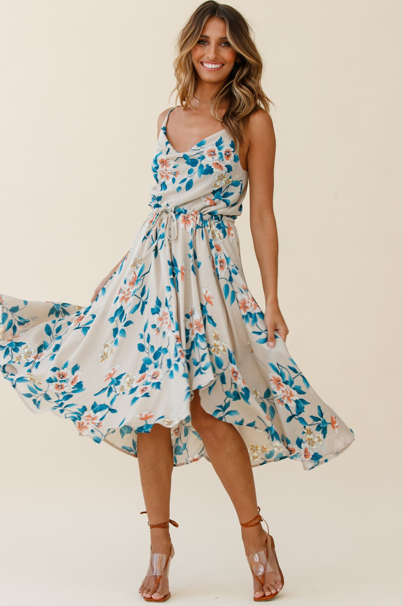 Ava Cowl Neck Drawstring Midi Dress Floral Print Mocha by Selfie Leslie