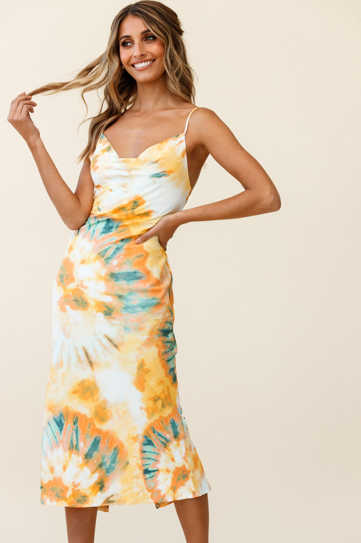 Show Me Love Cowl Neck Midi Dress Tie-Dye Orange Multi by Selfie Leslie