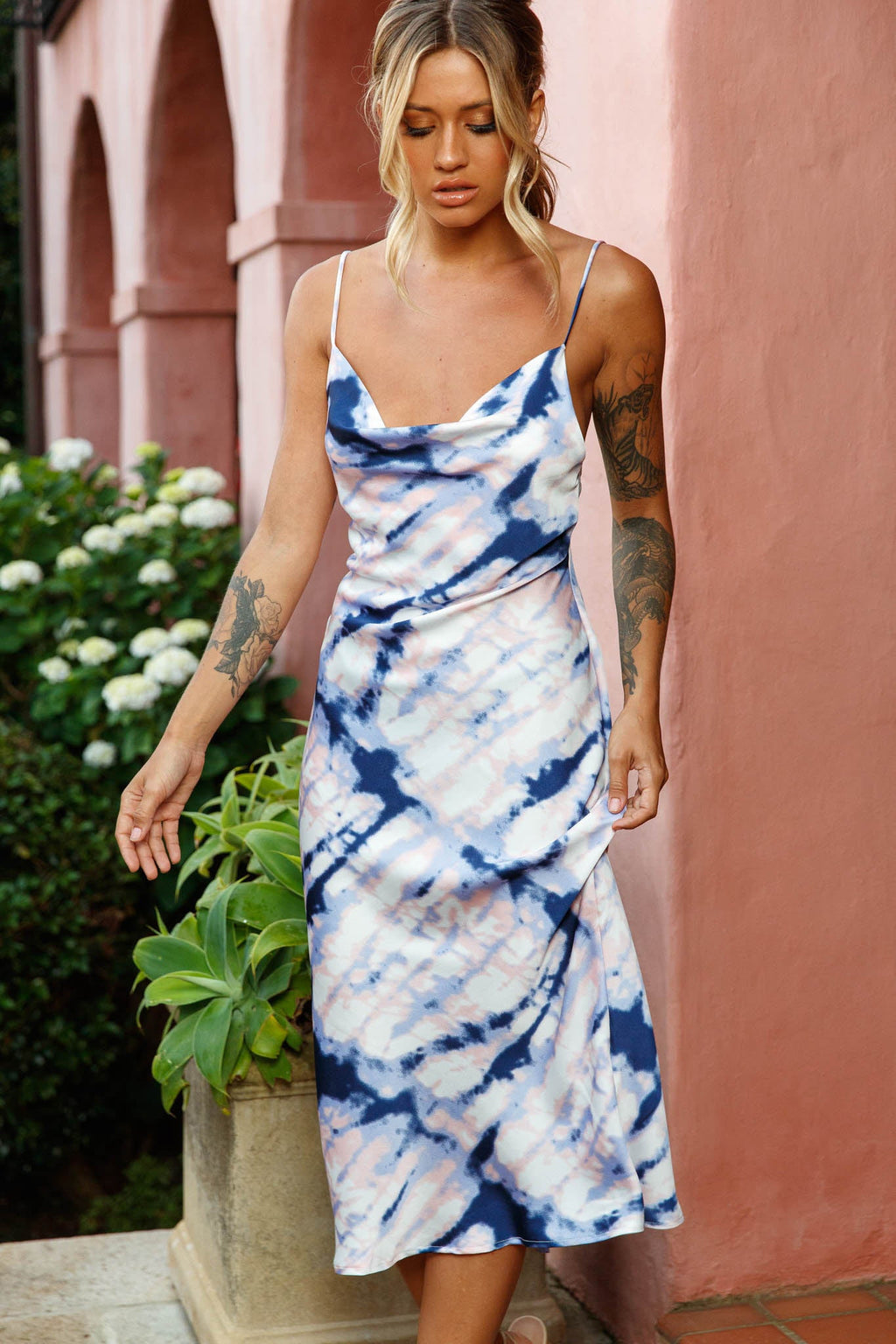 Show Me Love Cowl Neck Midi Dress Tie-Dye Blue by Selfie Leslie