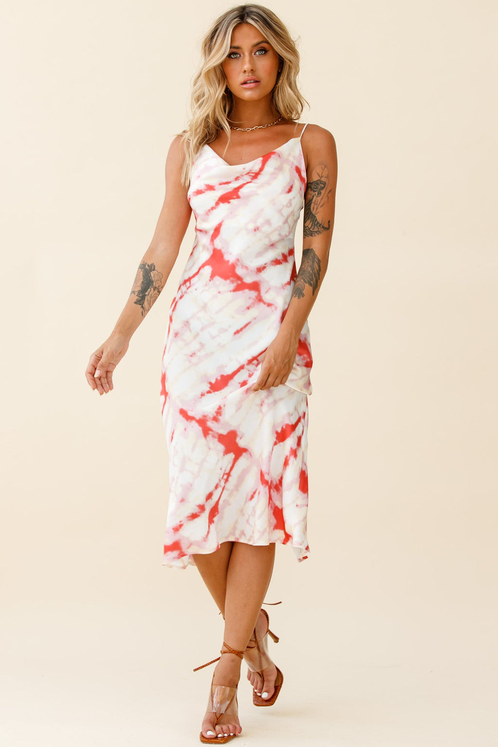 Show Me Love Cowl Neck Midi Dress Tie-Dye Red by Selfie Leslie