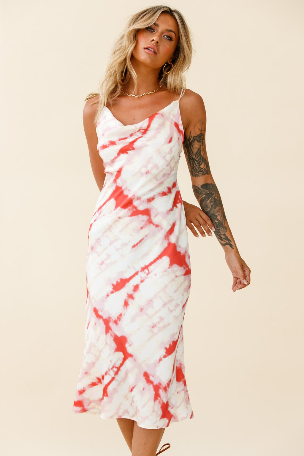 Show Me Love Cowl Neck Midi Dress Tie-Dye Red by Selfie Leslie