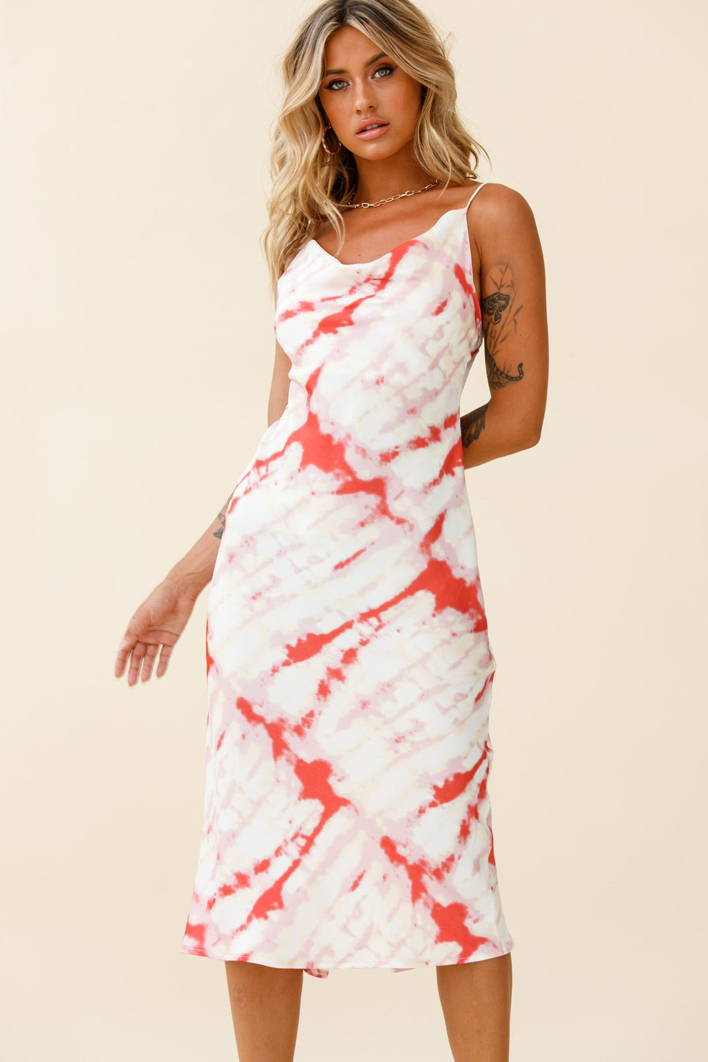 Show Me Love Cowl Neck Midi Dress Tie-Dye Red by Selfie Leslie