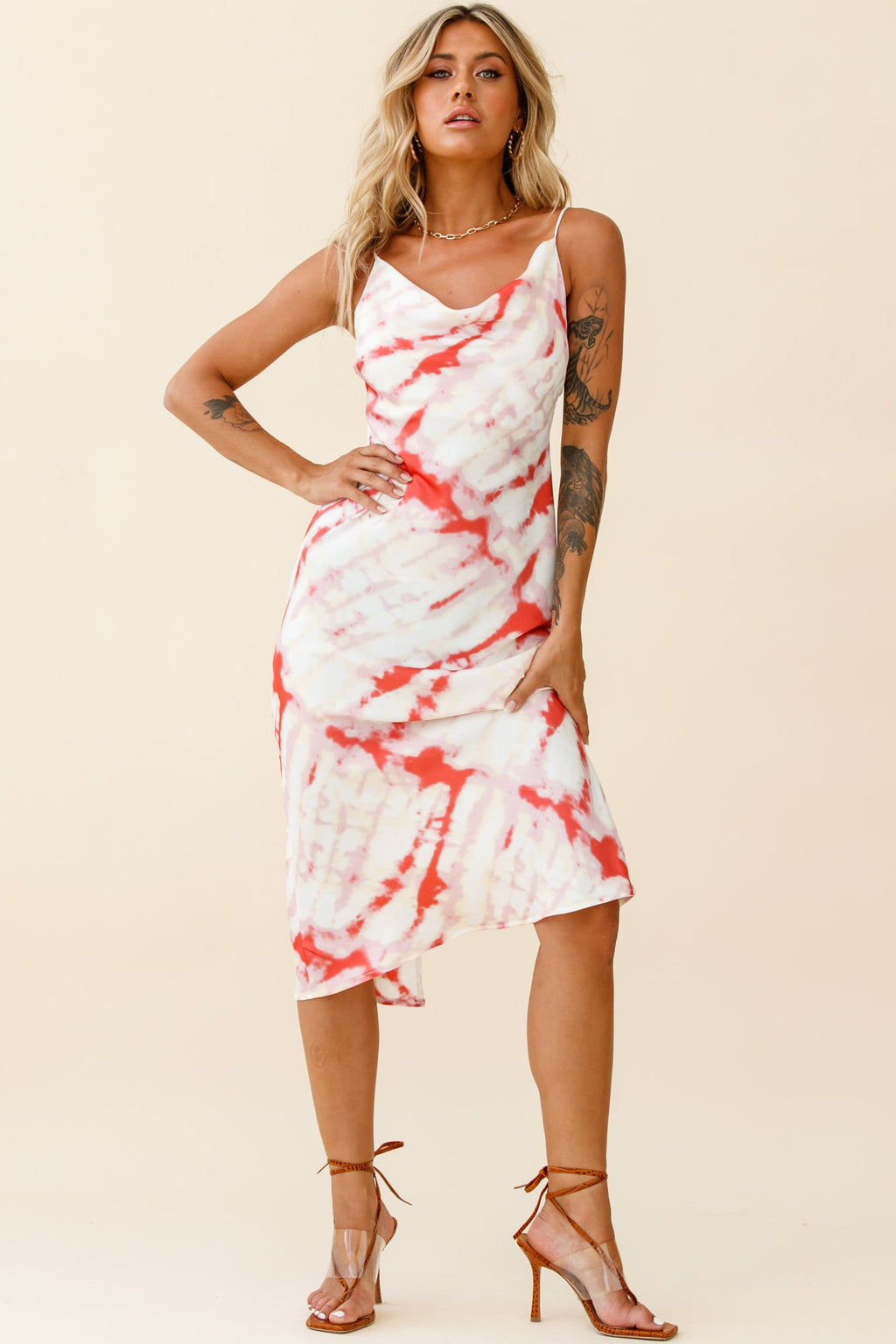 Show Me Love Cowl Neck Midi Dress Tie-Dye Red by Selfie Leslie