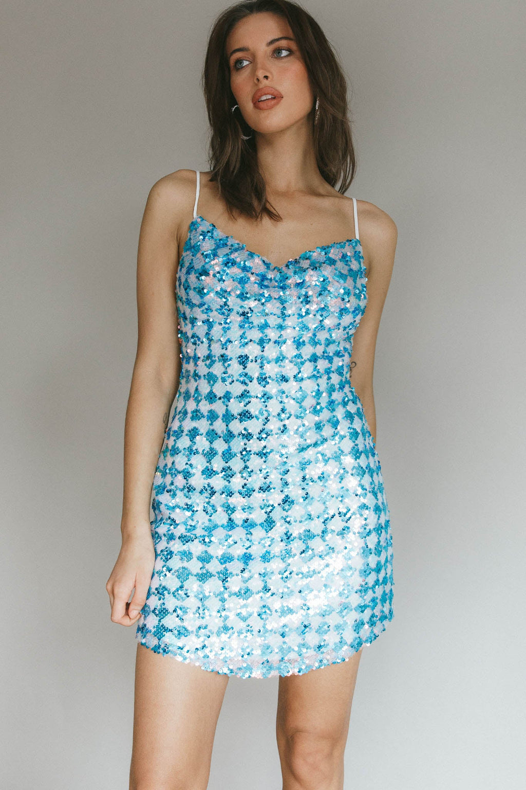 Show Me Love Cowl Neck Mini Dress Sequin Check Blue by Selfie Leslie