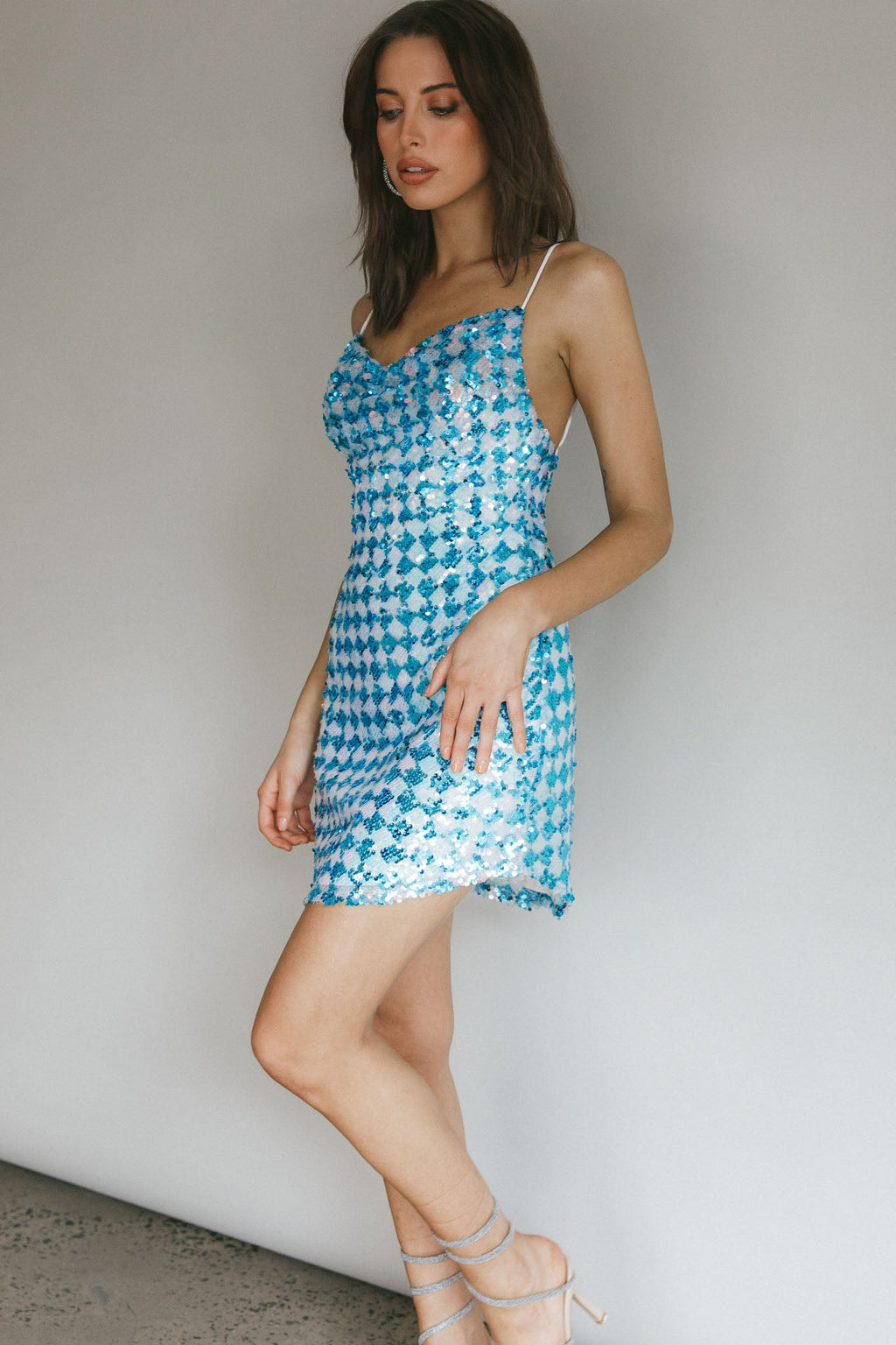 Show Me Love Cowl Neck Mini Dress Sequin Check Blue by Selfie Leslie