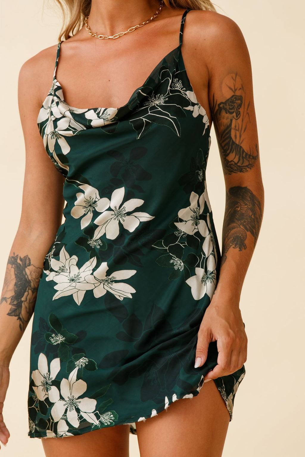 Show Me Love Cowl Neck Mini Dress Flower Print Green by Selfie Leslie