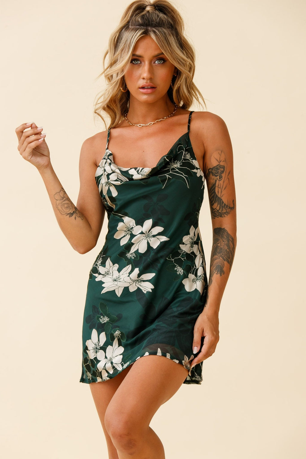Show Me Love Cowl Neck Mini Dress Flower Print Green by Selfie Leslie