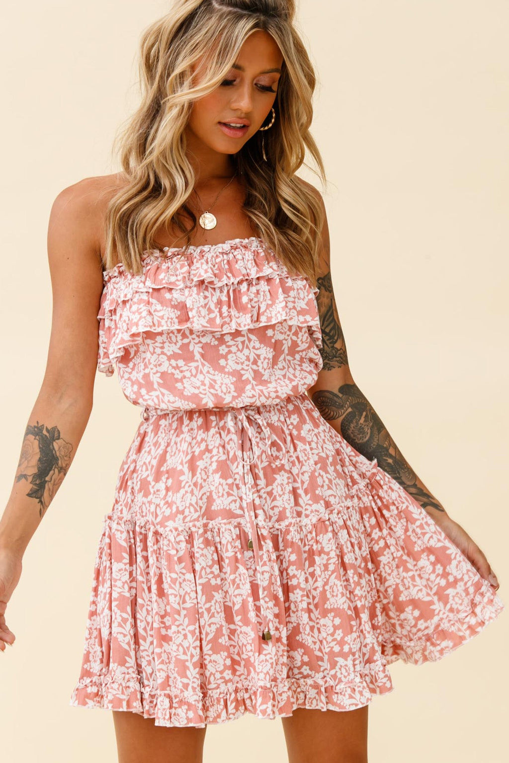 Raquel Strapless Layered Dress Floral Print Blush by Selfie Leslie